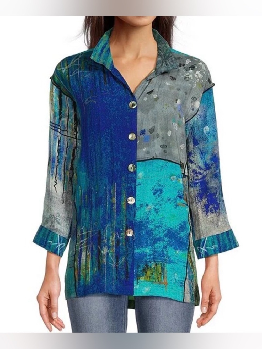 John Mark Abstract Top Sz PXL Patch Print Wire Collar Long Sleeve Button Tunic